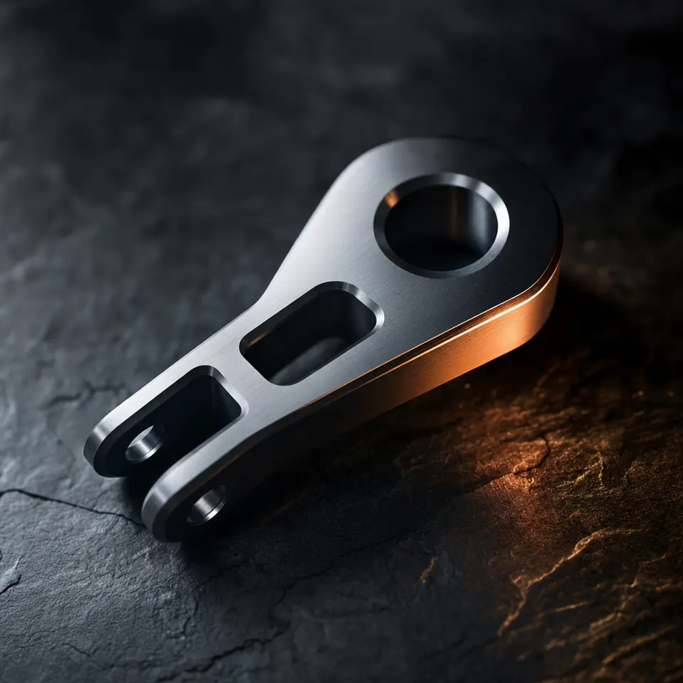 Immaculate precision-machined steel component with chamfered edges and a copper reflection