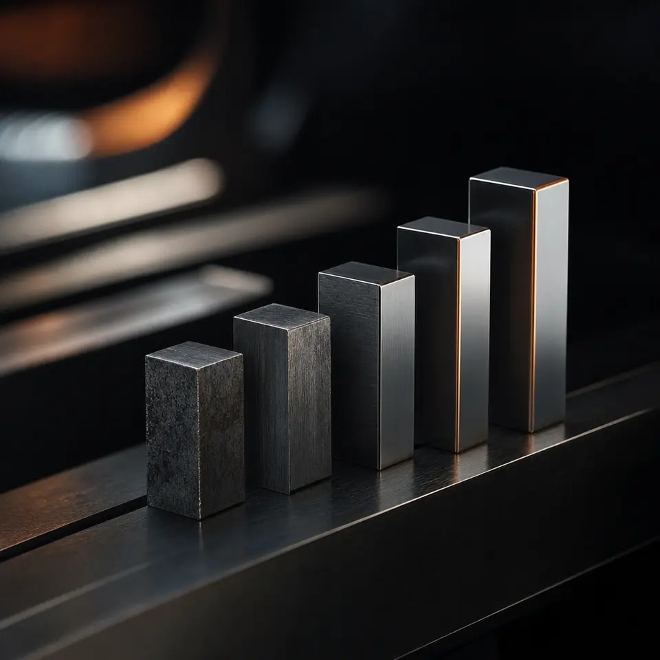 Five steel gauge blocks in an ascending row, each more refined than the last