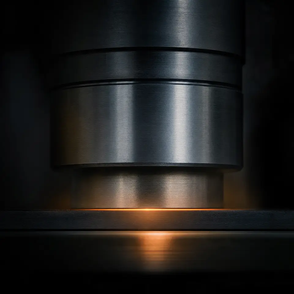 Hydraulic press die closing on dark steel with a thin line of heated metal