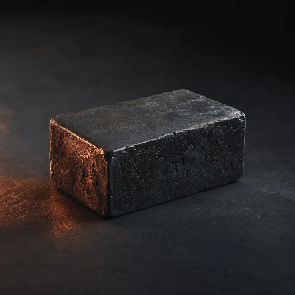 Rough dark metal billet on a charcoal surface, faint copper light on one edge